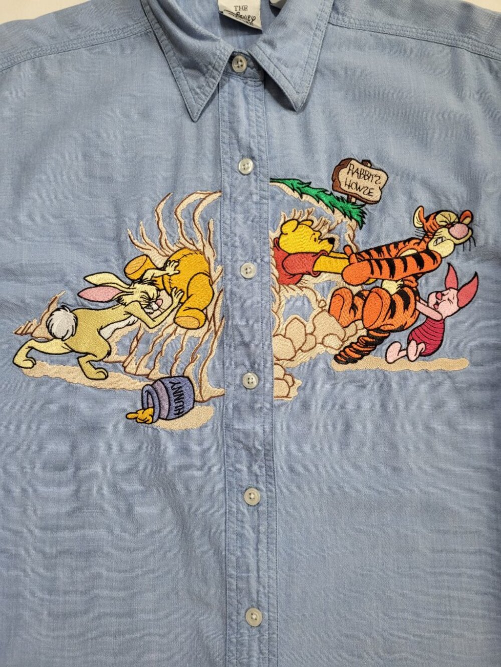 Vintage 90s Disney Store Winnie the Pooh Embroidered Denim Shirt Blue Button Up - Picture 3 of 9